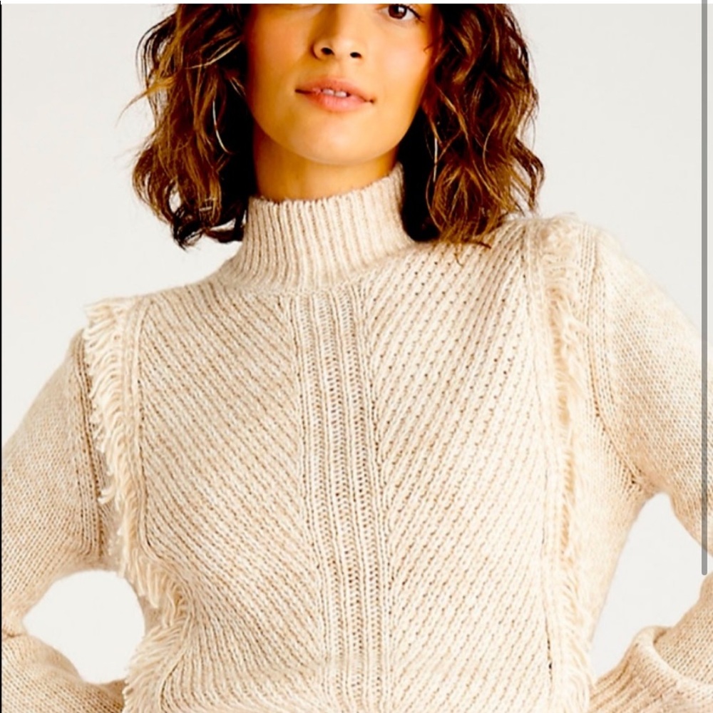 Fringe Ribbed Sweater - mock neck